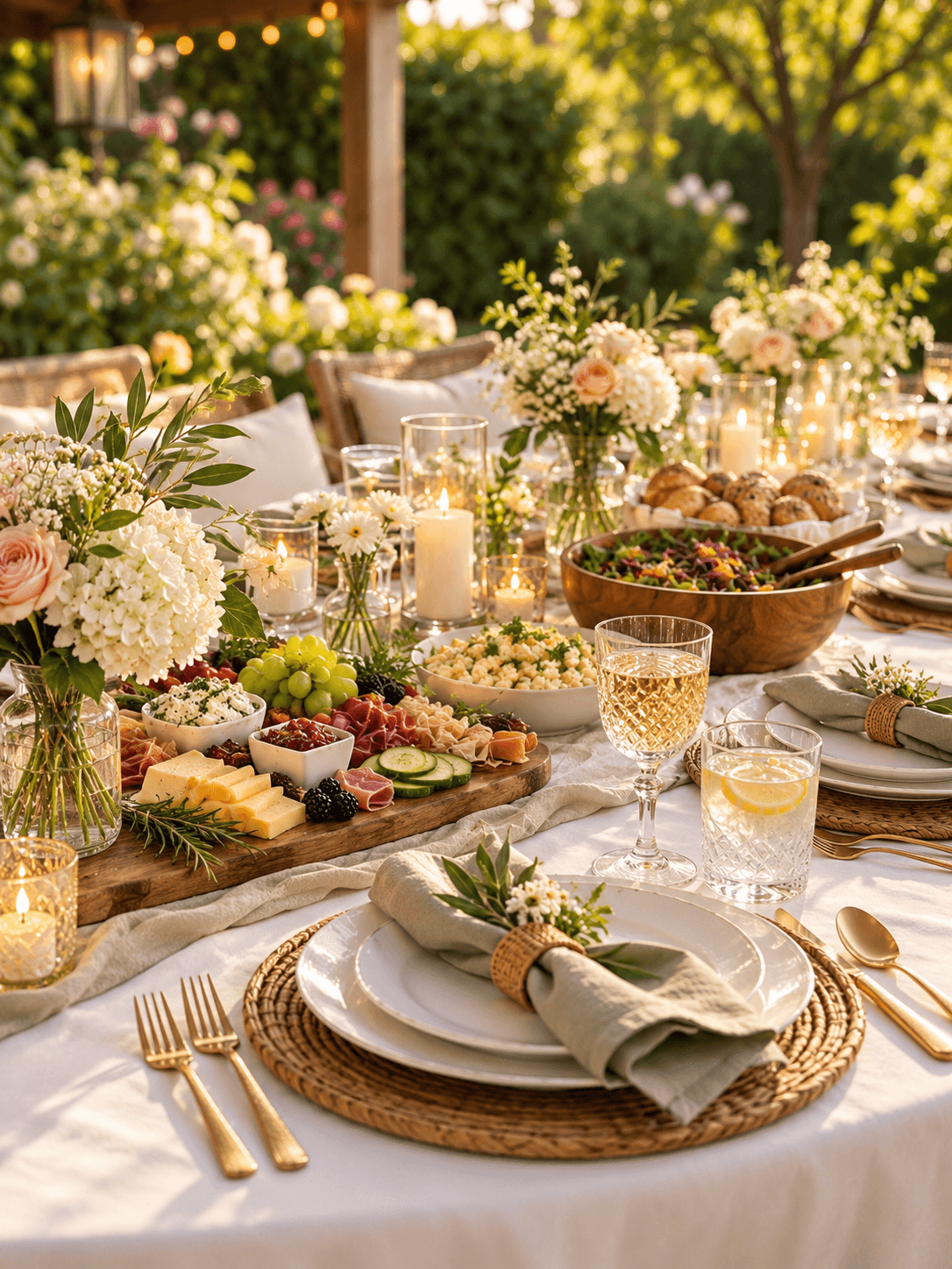 A garden table set for a gathering, with flowers, candles, and a shared meal.